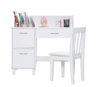 FANTASK Scrivania per bambini in legno con sedia, multifunzione per bambini, con mensola, ripiano aperto e portaoggetti (bianco)