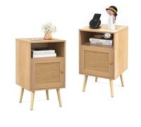 FANTASK Set di 2 comodini con ripiano aperto e porta, tavolino in rattan, comodino, stile rustico, per camera da letto e soggiorno, 40 x 39 x 70 cm (naturale)