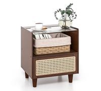 FANTASK Set di 2 comodini in bambù con cassetto in rattan e ripiano aperto, tavolino boho con piano in vetro e scomparto aperto, divano per camera da letto, soggiorno (43 x 35 x 50 cm)