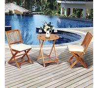 FANTASK Set di 2 sedie pieghevoli in legno di acacia, con cuscini e 1 tavolo rotondo, per interni ed esterni, set di mobili da giardino, bordo piscina, veranda, prato (naturale e beige)