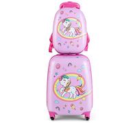 FANTASK Set di 2 valigie e zaino per bambini, con trolley da 16" e bagaglio a mano da 12", custodia rigida per ragazzi e ragazze (unicorni)