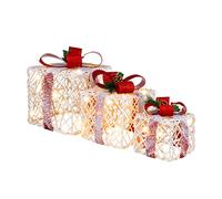 FANTASK Set di 3 scatole regalo a LED, con 60 luci a LED, luce bianca calda, scatola natalizia con fiocchi rossi, per interni ed esterni