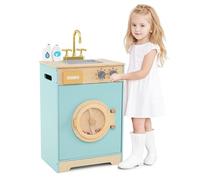 FANTASK Set di Gioco Lavatrice, Giocattolo di Legno per Bambini con Detersivo & Igienizzante per le Mani, Set di Biancheria con Lavandino, Cassetto & Ruota Girevole, per Bambini dai 3 Anni