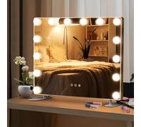 FANTASK Specchio 2 in 1 Hollywood con 14 luci LED dimmerabili, specchio cosmetico con controllo Smart Touch, specchio da tavolo con supporto in metallo, argento