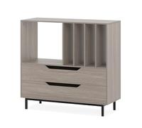 FANTASK Supporto per giradischi con scomparto aperto, supporto per dischi con 4 scomparti in vinile, gambe in metallo e cassetto, per camera da letto e soggiorno (grigio)