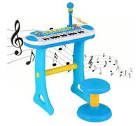 FANTASK Tastiera per bambini a 31 tasti, strumento musicale portatile con più suoni e effetti luminosi, microfono regolabile e sgabello, carino pianoforte giocattolo per bambini dai 3 anni in su, blu