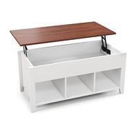 FANTASK Tavolino da caffè con piano rialzabile, in legno, con scomparto nascosto e ripiani espositivi, tavolo da pranzo per casa, ufficio, soggiorno (bianco marrone)