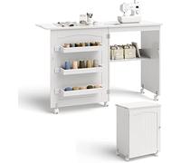 FANTASK Tavolo da Cucito e Scrivania 2 in 1, Pieghevole, in Legno con 3 Ripiani per Fili & Ruote Bloccabili, Bianco