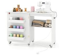 FANTASK Tavolo da cucito pieghevole 2 in 1, armadietto per macchina da cucire con stazione di ricarica, scaffali e ruote bloccabili, tavolo da cucito in legno, multiuso per soggiorno, camera da letto