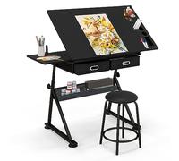 FANTASK Tavolo da disegno regolabile in altezza con sgabello, tavolo architettonico con piano inclinabile e 2 cassetti, scrivania per architetto e artista (nero)