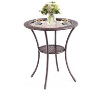 FANTASK Tavolo da giardino rotondo in rattan sintetico, tavolo da pranzo con piano in vetro e ripiano, resistente alle intemperie, per balcone, terrazza, giardino, 64 x 64 x 72 cm