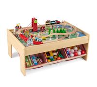 FANTASK Tavolo da gioco in legno, 94 pezzi, con 2 ripiani reversibili, 3 cassetti in tessuto, set ferroviario 2 in 1 per giocare per bambini dai 3 anni in su