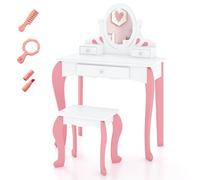 FANTASK Tavolo da parrucchiere per bambini con specchio girevole a 360°, bianco, con sgabello e cassetti, per ragazze