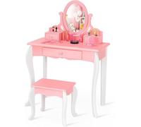 FANTASK Tavolo da parrucchiere per bambini con specchio girevole a 360°, colore rosa, con sgabello e cassetti, per ragazze
