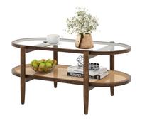 FANTASK Tavolo da soggiorno con piano in vetro e ripiano in rattan, tavolino da caffè con gambe in legno, per soggiorno 102 x 56 47 cm