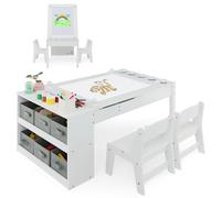 FANTASK Tavolo per bambini 3 in 1, tavolo in legno con 2 sedie, cavalletto bianco con tavolo rimovibile con 5 bicchieri di colore, 6 contenitori in tessuto, set per bambini con piano impermeabile