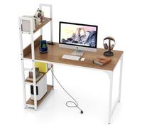FANTASK Tavolo per computer con stazione di ricarica, 120 x 65 cm, scrivania con telaio in metallo e libreria aperta, in legno, PC tavolo da lavoro con USB e prese per soggiorno, ufficio (naturale)