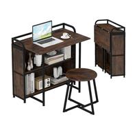 FANTASK Tavolo pieghevole con presa di corrente, scrivania pieghevole con sgabello e ripiani, tavolo per computer salvaspazio con telaio in metallo, tavolo da ufficio per casa e studio, 90 x 55 x 83