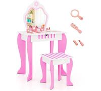 FANTASK Toeletta per bambini con sgabello, tavolo da toeletta da bambina con specchio e cassetto rimovibili, tavolo da toeletta principesse con accessori