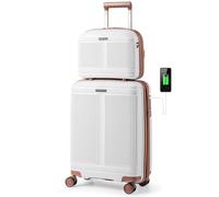 FANTASK Valigia da viaggio espandibile con ruote, set da 2 bagagli, bagaglio a mano da 20" + valigetta cosmetica da 14" con serratura TSA e porta USB (bianco)