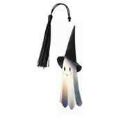 Fantasma bianco che indossa un cappello da strega nero Segnalibri in legno con nappe cartello in legno per artigianato etichette per segnalibri per lettori amanti dei libri