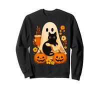 Fantasma Che Tiene Il Gatto Groovy Floreale Vintage Halloween Design Felpa