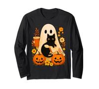 Fantasma Che Tiene Il Gatto Groovy Floreale Vintage Halloween Design Maglia a Manica