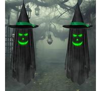 Fantasma da appendere per Halloween, con cappello da strega, decorazione fosforescente, giorno dei morti, decorazione per feste, colore nero, da appendere, per cortile, patio, giardino, albero esterno