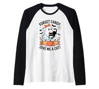 Fantasma di Halloween con Gatto Nero Dimentica Le Caramelle Dammi Un Gatto Maglia con Maniche Raglan