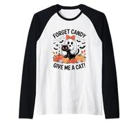 Fantasma di Halloween con Gatto Nero Dimentica Le Caramelle Dammi Un Gatto Maglia con Maniche Raglan