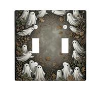 Fantasma e foglie autunnali tema Halloween doppio interruttore luce piastra | Fantasmi galleggianti, foglie cadute, chiavi scheletrate vintage, tavolozza autunnale lunatica, decorazione gotica per la