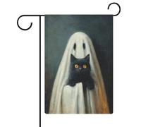 Fantasma stravagante in un foglio bianco con bandiera da giardino con gatto festivo stagionale in iuta double face bandiere esterne 30,5 x 45,7 cm