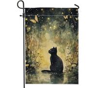 Fantastica bandiera da giardino a forma di gatto, scena notturna incantata, decorazione per la casa, bandiere da cortile, decorazione stagionale per prato all'aperto su entrambi i lati, tema farfalla