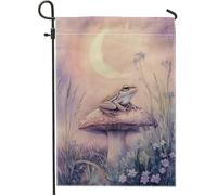 Fantastica bandiera da giardino con anfibi su funghi, bandiera da giardino con cielo notturno viola, bandiera da giardino su entrambi i lati, per decorazione esterna del prato, 30,5 x 45,7 cm