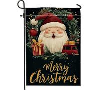 Fantastica bandiera da giardino con Babbo Natale, decorazione natalizia nera con regali e ghirlanda, bandiera da cortile in iuta su entrambi i lati, per vacanze all'aperto, decorazione per prato, 30,5