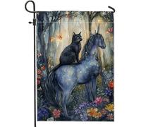 Fantastica bandiera da giardino con cavallo e gatto, bandiera magica blu fantasia per la casa, bandiera da prato su entrambi i lati per incantesimo all'aperto, decorazione floreale stagionale 30,5 x