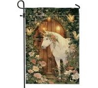 Fantastica bandiera da giardino con cavallo magico, decorazione floreale bianca per esterni, striscione in iuta su entrambi i lati per la primavera e l'estate, decorazione per prato 30,5 x 45,7 cm