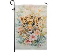 Fantastica bandiera da giardino con cucciolo di leopardo, decorazione floreale colorata per esterni, striscione di auguri per la casa primaverile ed estate, bandiera da cortile in iuta su entrambi i