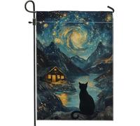 Fantastica bandiera da giardino con gatto galassia, cielo stellato blu notte, bandiere decorative da cortile, in iuta su entrambi i lati, decorazione per esterni per tutto l'anno per feste in giardino