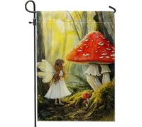 Fantastica bandiera da giardino fatata, incantevole foresta di funghi rossi, decorazione per la casa e il giardino, doppia faccia in iuta primaverile decorazione per prato esterno 30,5 x 45,7 cm