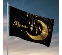 Fantastica decorazione per la stanza dei ragazzi, lanterne dorate appese a una luna crescente contro un cielo notturno stellato. Bandiera Happy Camper Regali per camera per ragazze (120 x 180 cm)