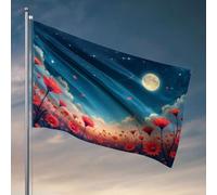 Fantastica decorazione per la stanza dei ragazzi, un campo di fiori rossi sotto un cielo stellato con una luna piena. Bandiera Happy Camper Regali per camera per ragazze (30 x 45 cm)