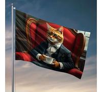 Fantastica decorazione per la stanza dei ragazzi, un gatto in abito che si gode una tazza di tè. Bandiera Happy Camper Regali per camera per ragazze (30 x 45 cm)