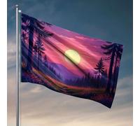 Fantastica decorazione per la stanza dei ragazzi, un vivace tramonto in una foresta con alberi alti e fiori di campo. Bandiera Happy Camper Regali per camera per ragazze (120 x 180 cm)