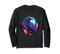 Fantastica e mistica Opera d'Arte Gotica Vintage con Uccelli Scuri a Forma di Corvo e Luna Maglia a Manica
