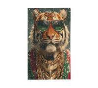 Fantastica tigre che indossa occhiali da sole, catene dorate, bandiere per casa da cortile, 9 x 1,5 m, con occhielli, decorazioni per interni ed esterni, feste per la casa