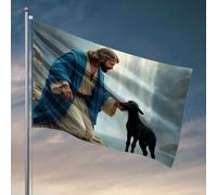 Fantastiche bandiere per dormitorio con un uomo in vesti blu si inginocchia accanto a un agnello nero vicino a una cascata, accessori per garage per uomo grotta accesso bandiera giardino (152 x 244 cm