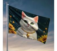 Fantastiche bandiere per dormitorio universitario, un gatto bianco con gli occhi verdi che indossa una collana dorata circondato da girasoli. Bandiere per camera da letto adolescenti ragazze