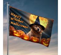 Fantastiche bandiere per uomo cucciolo dorato con cappello da strega celebra spettrale Halloween notte bandiera autunno decorazione all'aperto divertente caccia regali (60 x 90 cm)