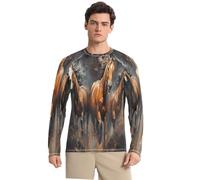 Fantastici Cavalli Marroni Che Corrono Maglia Rash Guard Uomo Girocollo con Protezione Solare UPF 50+,Manica Lunga per Pesca Corsa Outdoor
